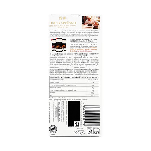 LINDT Chocolate negro 70 % cacao con sal 100 g.