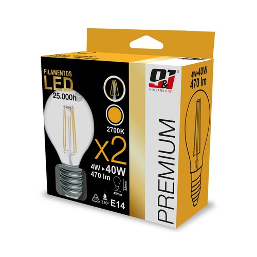 Pack de 2 bombillas Led E14, 4W=40W, luz cálida 2700K, NINE&ONE Premium.
