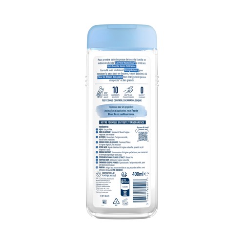 LE PETIT MARSELLAIS Gel para ducha o baño calmante con flor de Aciano, para bebés y pieles sensibles 400 ml.
