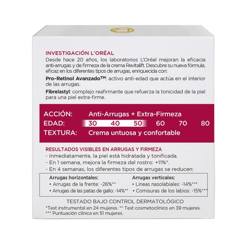L´ORÉAL PARIS Revitalift 50 ml Crema de día antiarrugas con Pro-Retinol, especial pieles maduras.