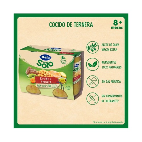 HERO Solo Tarrito de cocido con ternera (textura con trocitos), a partir de 8 meses 2 x 190 g.