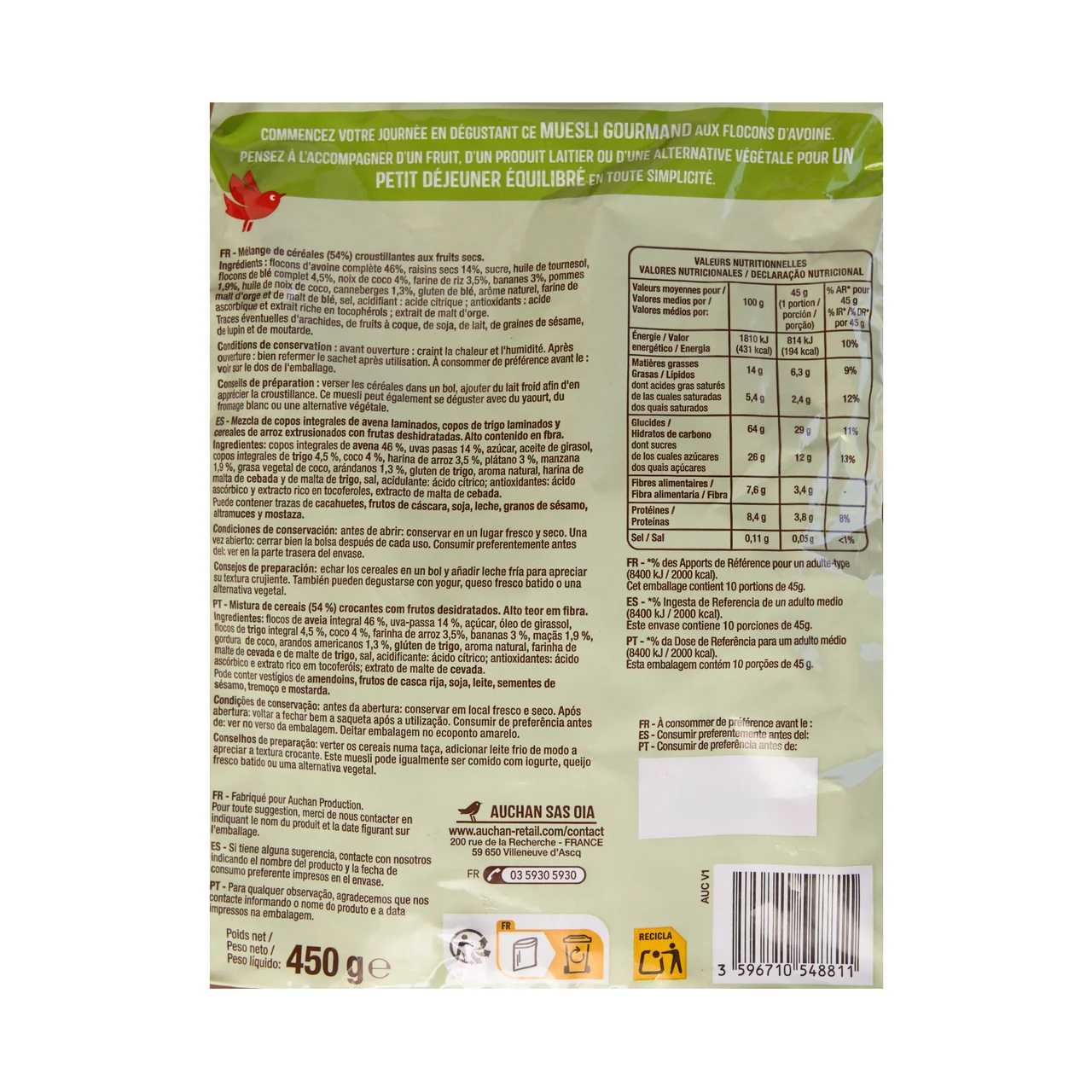 PRODUCTO ALCAMPO Cereales muesli crujiente con 5 frutas 450 g.