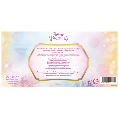 DISNEY Princess Estuche con 3 esmaltes para uñas y decoraciones adhesivas para las mismas.