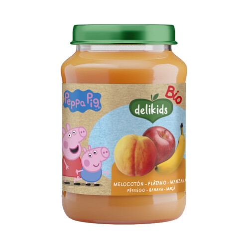 DELIKIDS Bio Peppa pig Tarrito de frutas ecológicas (melocotón, plátano y manzana), a partir de 6 meses 190 g.