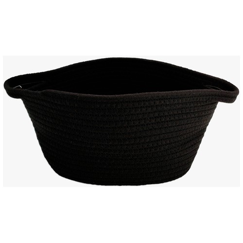 Cesta de algodón mediana con asa de cuero, color negro, ACTUEL