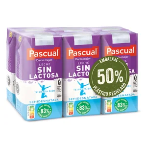 PASCUAL Leche de vaca semidesnatada sin lactosa 6 x 200 ml.