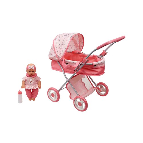 Carrito de muñecas 37x57x60cm con muñeco de 30cm, ONE TWO FUN