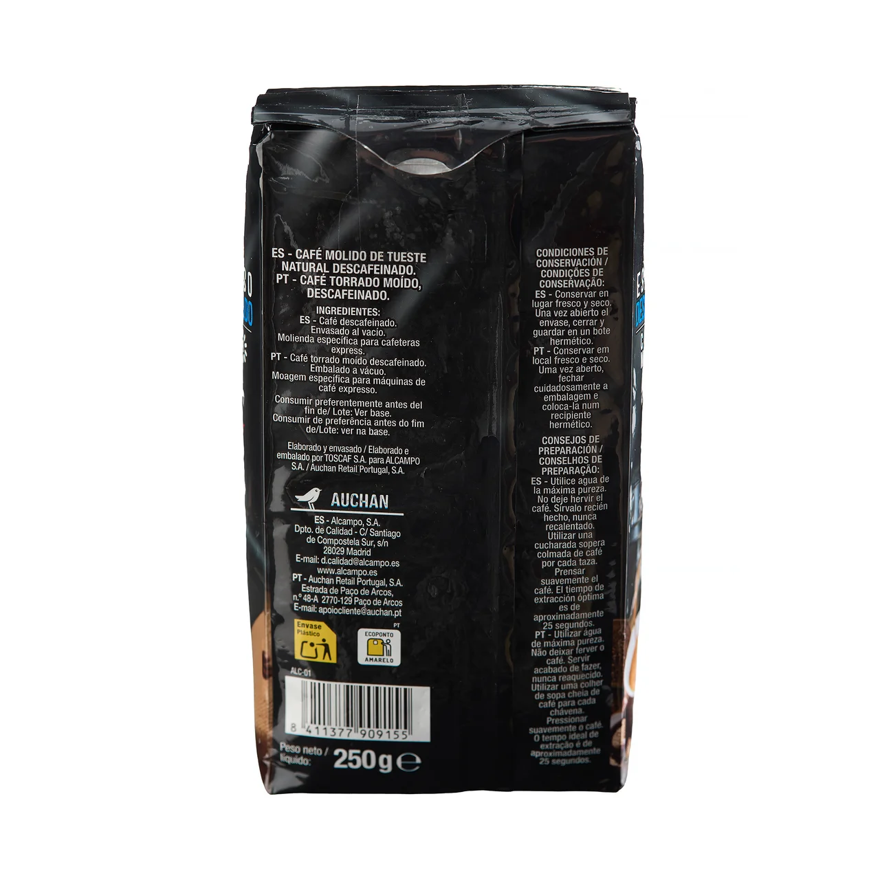 PRODUCTO ALCAMPO Café molido natural descafeinado espresso 250 g.