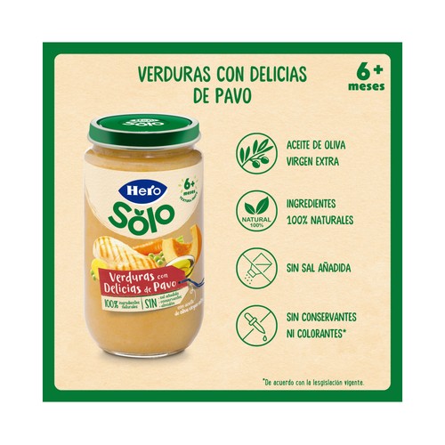 HERO Solo Tarrito de verduras con delicias de pavo (textura suave), a partir de 6 meses 235 g.