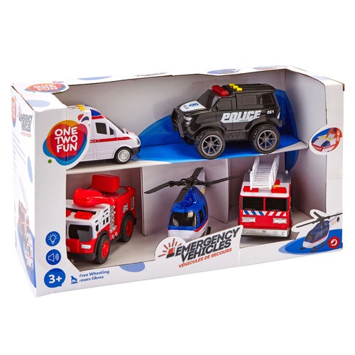 Set de 5 vehículos de emergencias con luces y sonidos, ONE TWO FUN ALCAMPO.