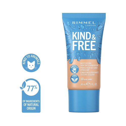 RIMMEL  Kind & free Tono 010 Rose Ivory Base de maquillaje hidratante para un acabado radiante y saludable,30 ml.