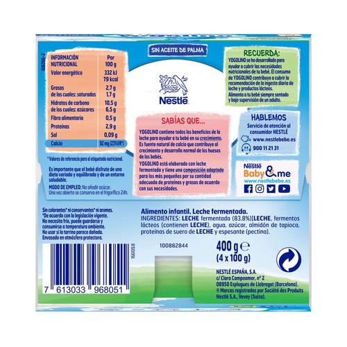 YOGOLINO de Nestlé Postre lácteo natural adaptado para bebés a partir de 6 meses 4 x 100 g.