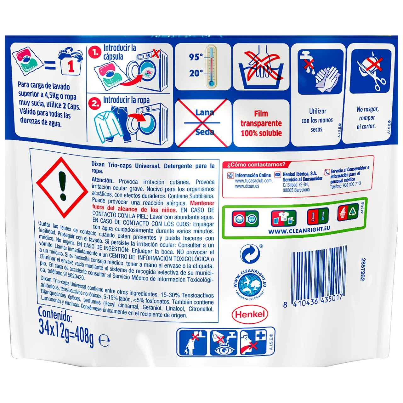 Trio Caps Detergente para ropa en cápsulas (Limpieza, luminosidad y frescor) 34 uds.
