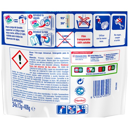 DIXAN Trio Caps Detergente para ropa en cápsulas (Limpieza, luminosidad y frescor) 34 uds.