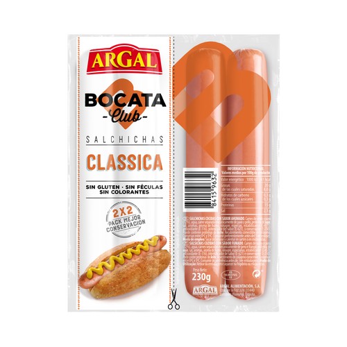 ARGAL Salchichas cocidas y ahumadas de cerdo y pavo, tipo Viena ARGAL Bocata club 230 g.