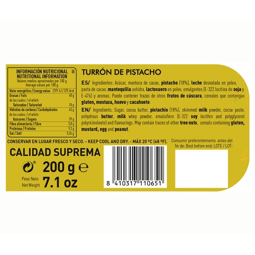 1880 Turrón praliné de pistacho 200 g.