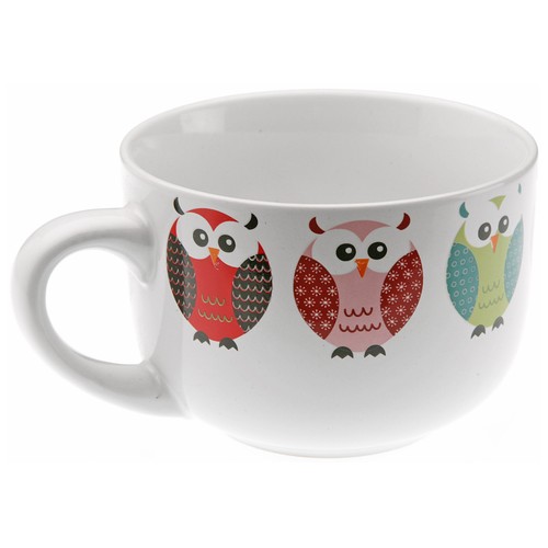 Taza baja con asa fabricad en porcelana, diseño Búho, VERSA.