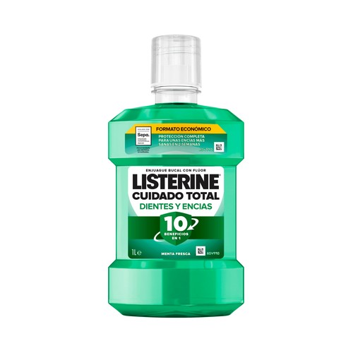 LISTERINE Enjuague bucal de uso diario, son sabor a menta fresca, para el cuidado de dientes y encías 1 l.