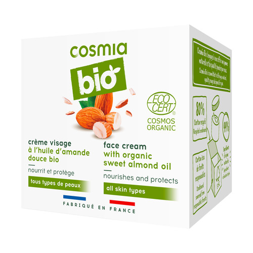 COSMIA Crema facial hidratante con aceite de almendras dulces orgánico, para todo tipo de pieles COSMIA Bio 50 ml.