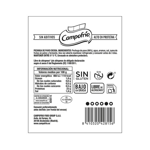 CAMPOFRIO Naturarte Pechuga de pavo cocida, cortada en lonchas 85 g.