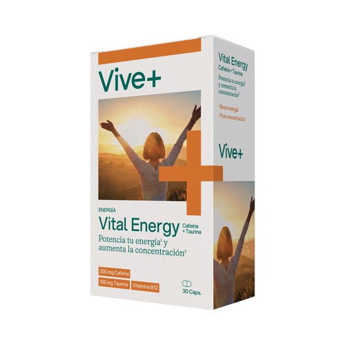 VIVE+ Vital energy Complemento alimenticio a base de cafeina, taurina y vitamina B12 30 uds.