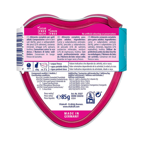 VITAKRAFT Alimento húmedo completo gatos adultos. salmón y espinacas VITAKRAFT POESIE CREATION 85 g.