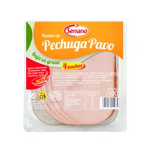 SERRANO Fiambre de carne de pavo cocido y adobado, elaborado sin gluten, listo para sarten 120 g.