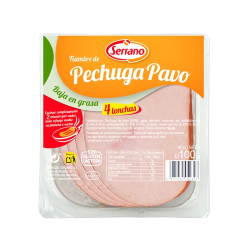 SERRANO Fiambre de carne de pavo cocido y adobado, elaborado sin gluten, listo para sarten 120 g.
