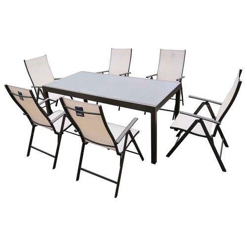 Conjunto 7 piezas con mesa y 6 sillas fabricadas en aluminio y textileno color beige, Denia IKUNIK.
