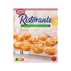 DR. OETKER Ristorante Piccolissima (mini pizzas de masa fina y crujiente) tre formaggi 288 g.
