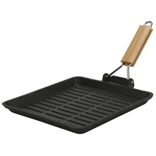 Asador hierro fundido de 28cm, con mango madera plegable, ACTUEL.