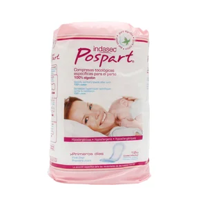 INDASEC Compresas hipoalergénicas de algodón 100%, específicas para el parto INDASEC Pospart 12 uds.