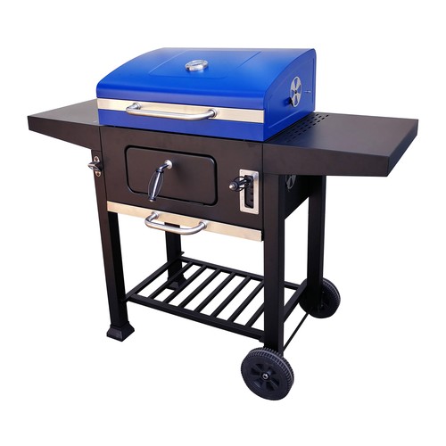 Barbacoa de carbón con ruedas, bandejas y termómetro de color azul, IKUNIK.