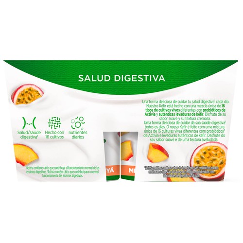 ACTIVIA de Danone Kéfir con bífidus y trozos de melocotón y maracuyá 4 x 125 g.