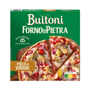 BUITONI Forno de pietra Pizza de pollo, vegetales y queso Mozzarella, con masa fina y crujiente 350 g.