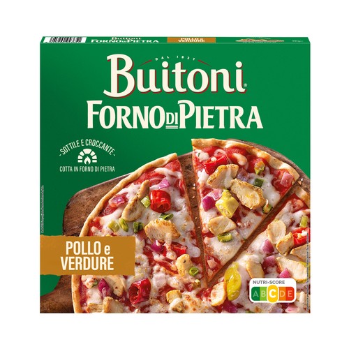 BUITONI Forno de pietra Pizza de pollo, vegetales y queso Mozzarella, con masa fina y crujiente 350 g.