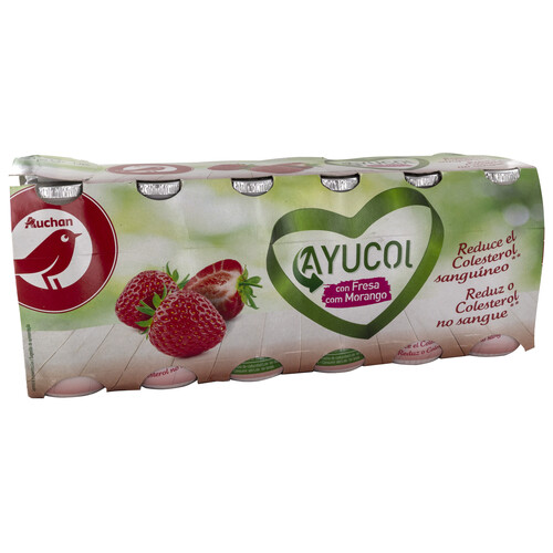 AUCHAN AYUCOL Yogur líquido con sabor a fresa, que ayuda a controlar el colesterol 12 x 100 g. Producto Alcampo