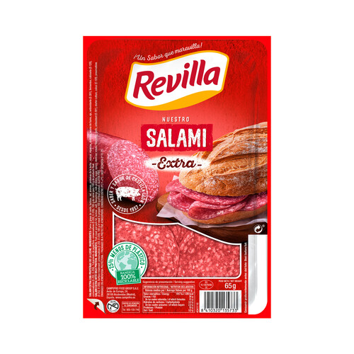 Salami de categoria extra cortado en lonchas y elaborado sin gluten REVILLA 65 g.