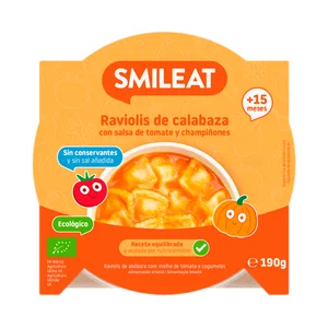 SMILEAT Raviolis de calabaza con salsa de tomate y champiñones ecológico, a partir de 15 meses 190 g.