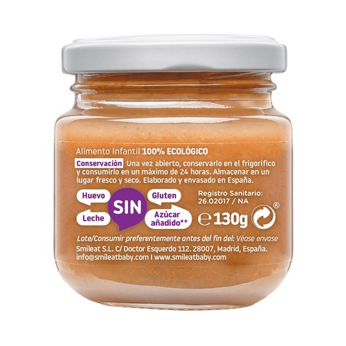 SMILEAT Tarrito de pera, ciruela y plátano ecológicos, a partir de 6 meses 130 g.
