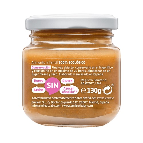 SMILEAT Tarrito de fruta (melocotón y frabuesa) 100% ecológica, a partir de 6 meses 130 g.