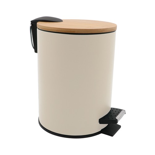 Papelera para baño de metal con tapa de bambú 3L, color beige, 30cm., ACTUEL.