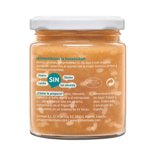 SMILEAT Cachitos Tarrito ecológico de arroz integral con salmón y guisantes a partir de 10 meses 230 g.