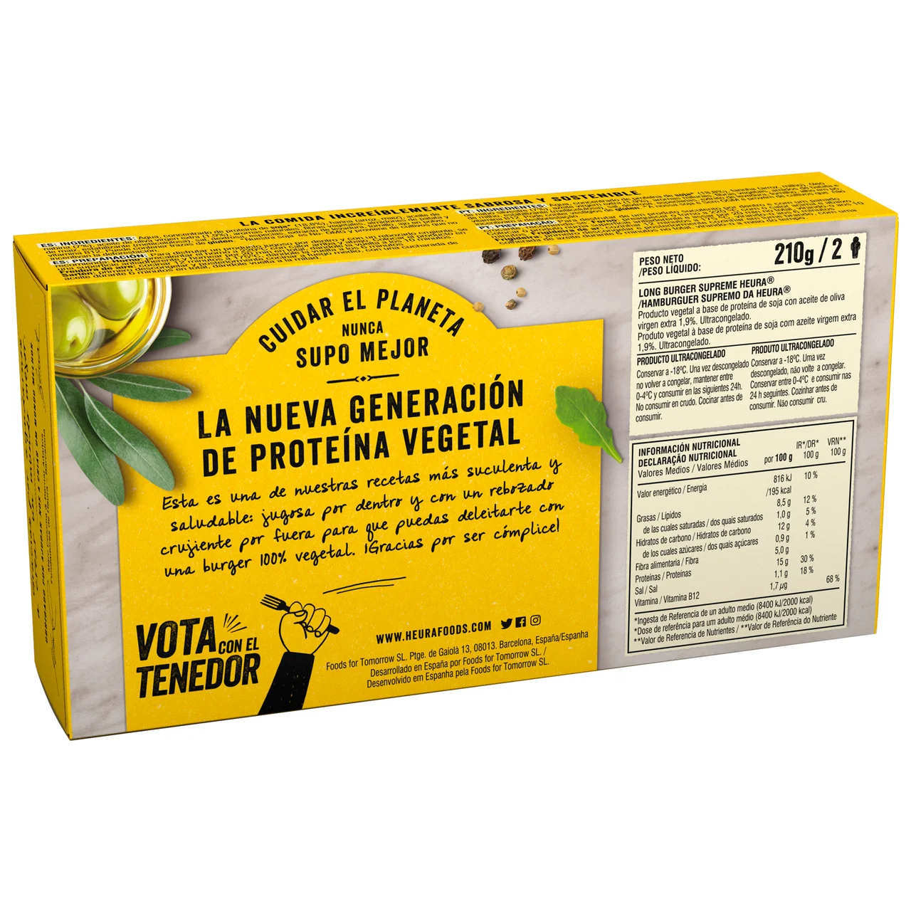 Long burger vegetal a base de proteína de soja y aceite de oliva virgen extra Supreme 2 x 105 g.