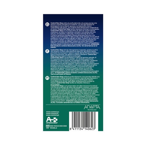 CONTROL Non stop  Preservativos lubricados con puntos y estrías y efecto retardante 12 uds.