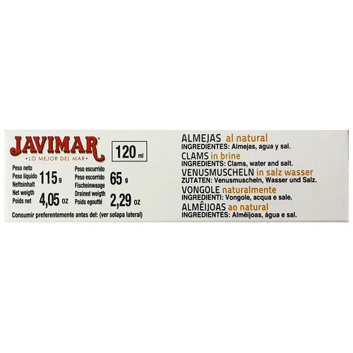 JAVIMAR Conserva de almejas al natural elaboradas en fresco lata de 63 g.