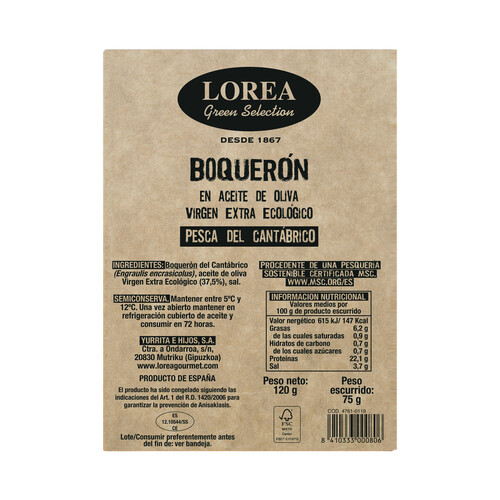 LOREA Boquerones del Cantábrico en aceite de oliva virgen extra Green Selection MSC Ecológico (Pesca sostenible certificada) LOREA 75 g.