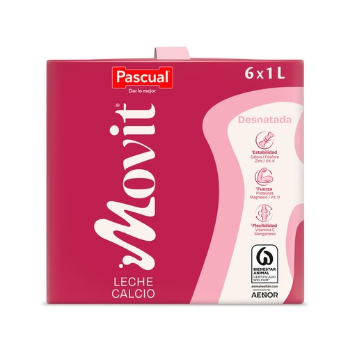 PASCUAL Movit Leche desnatada de vaca, con calcio y con alto contenido en vitamina D  6 x 1 l.