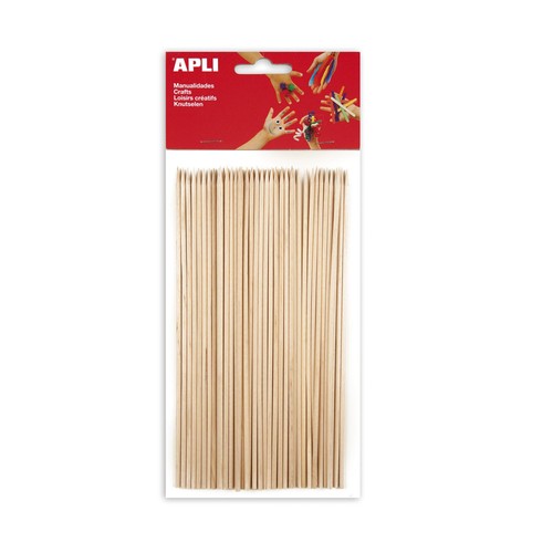 Bolsa de 25 palos redondos de madera con pincho de 150 x 5 mm y de color natural APLI.