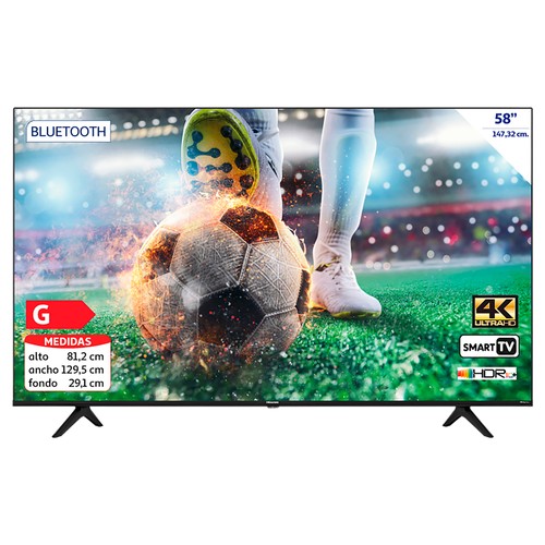 Televisión 147,32 cm (58") LED HISENSE 58A6BG 4K, HDR10+, SMART TV, WIFI, BLUETOOTH, TDT HD, USB reproductor, 3HDMI, 160HZ.